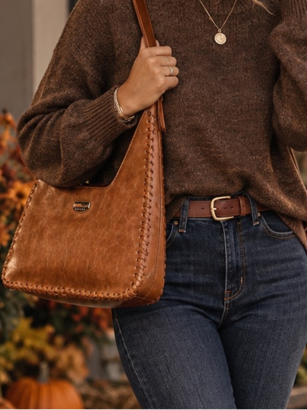GUESS Tan Whipstitch Leather Shoulder Bag